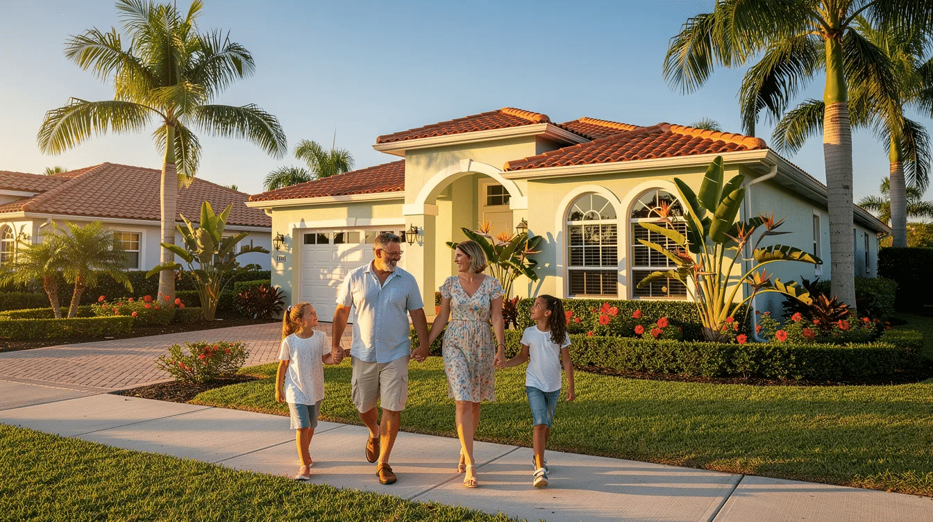 A family is walking together near a charming Florida-style home surrounded by lush tropical landscaping, showcasing a vibrant and inviting atmosphere. This scene reflects the essence of family life and property ownership, emphasizing the importance of estate planning and legal documents like transfer on death deeds for future generations.