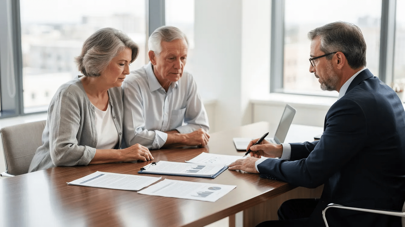 An older couple is seated across a desk from an estate planning attorney, reviewing important estate planning documents together. The scene reflects a thoughtful discussion about their financial assets, including bank accounts and life insurance policies, as they work towards creating a comprehensive estate plan for their family's future.