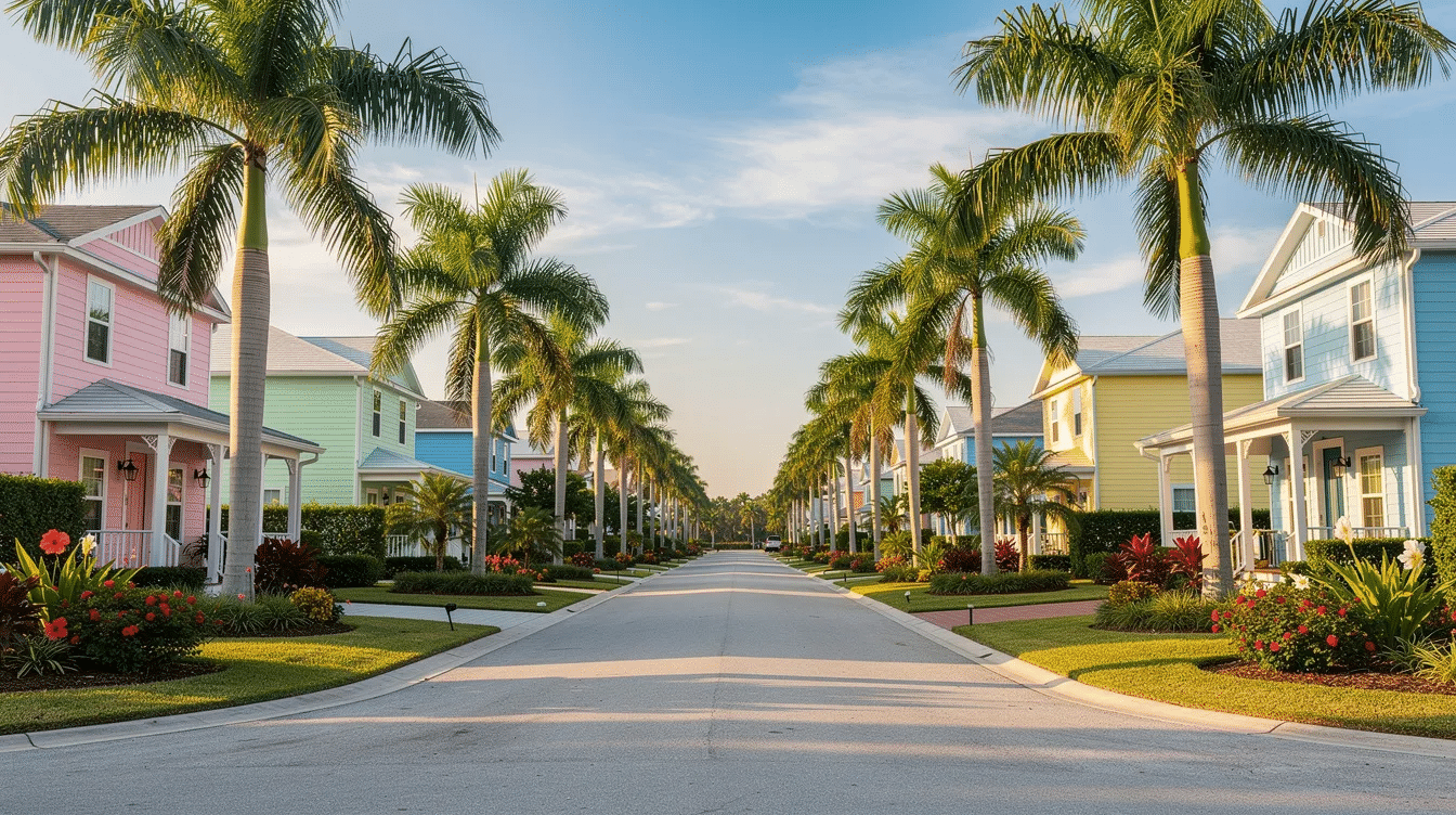 The image depicts a serene Florida residential street adorned with tall palm trees and charming pastel-colored homes, creating a picturesque neighborhood scene. This setting reflects the importance of estate planning, as homeowners may consider establishing a revocable living trust to manage their assets and avoid probate court involvement.