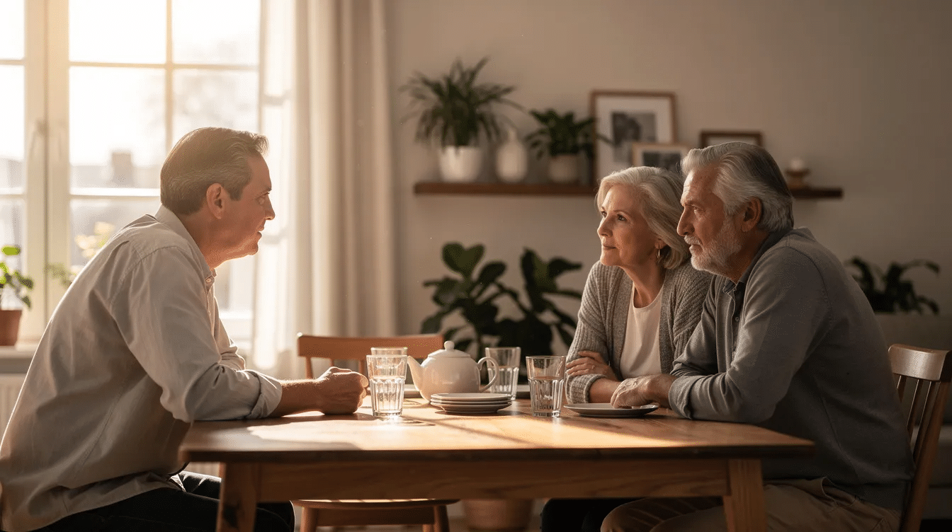 A family of four is gathered around a dining table, engaged in a calm and focused conversation about their estate planning, discussing important topics like financial assets and legal documents. They appear to be thoughtfully considering their family's future and how to protect their loved ones through a comprehensive estate plan.