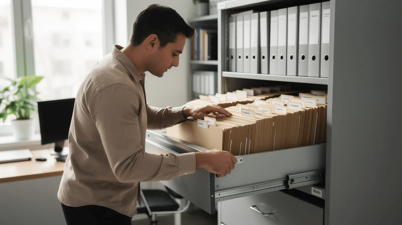 The image shows a person diligently searching through an organized filing cabinet filled with folders and documents, possibly looking for probate records related to a deceased's estate. This scene reflects the legal process of obtaining copies of wills and navigating the probate court system.