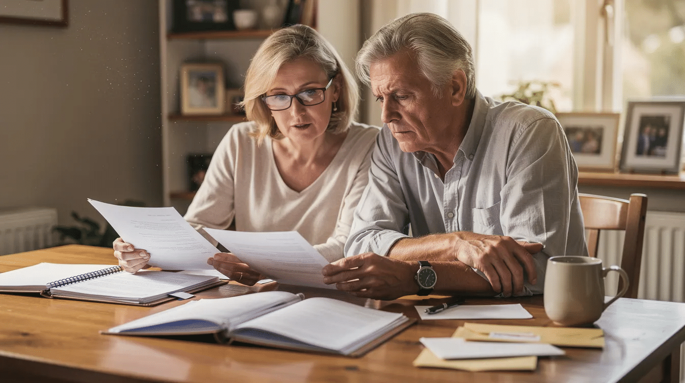 An older couple sits together at a dining table, carefully reviewing important legal documents related to estate planning, including a transfer on death deed that outlines how their property will be transferred to named beneficiaries after the owner's death. The scene conveys a sense of collaboration and thoughtfulness as they navigate the complexities of transferring ownership and avoiding probate.